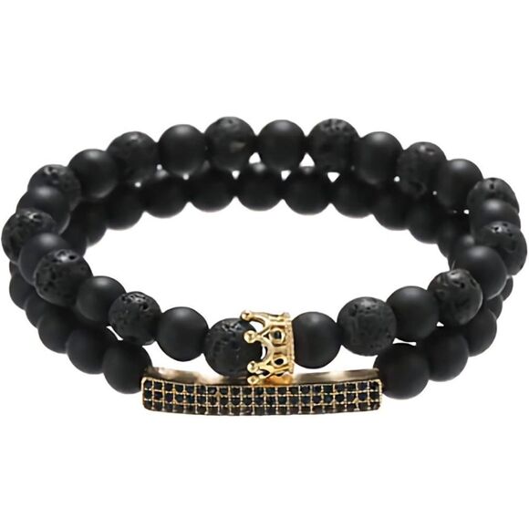 NWOT Beaded Lava Rock Natural Stone Adjustable Bracelet Golden Crown For Men - Picture 1 of 6